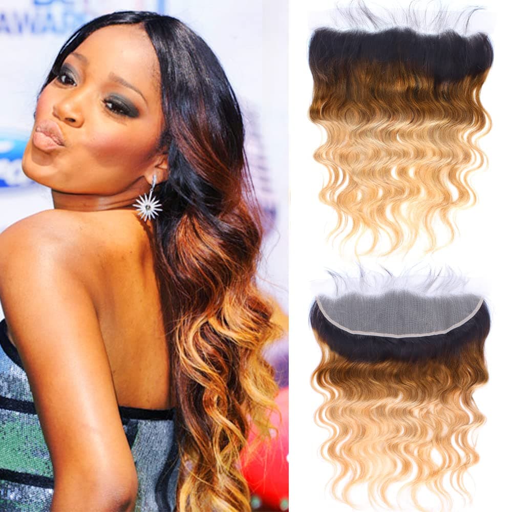 Kapelli Hair Ombre Brazilian Body Wave Lace Frontal 13x4 Ear to Ear Lace Frontal Closure 180% Density Virgin Remy Human Hair Swiss Lace Frontal Closure Bleached Knots Pre Plucked With Baby Hair 12 Inch