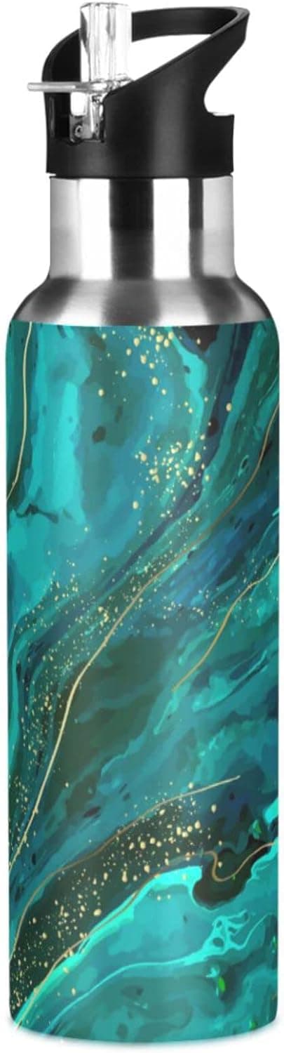 ZZKKO Green Marble Water Bottle with Straw Stainless Steel Iron Flask Capsule Water Bottle Daily Water Intake Bottle Thermos Cups No Spill for Hiking & Biking 32OZ/1000ML