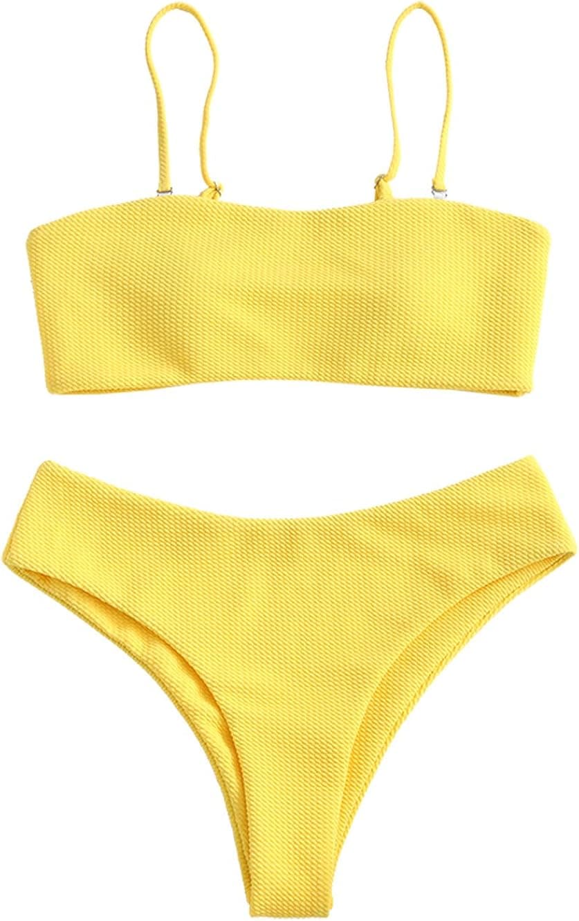 ZAFUL Women's Strapless Bandeau Bikini Bandeau Bikini High Waist Cheeky 2 Piece Swimsuits Bathing Suit,Yellow,Medium