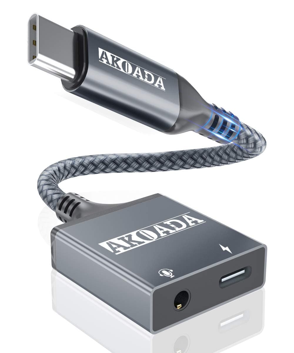AkoaDa USB C to 3.5mm Headphone Audio and Charger Adapter, 2-in-1 USB-C Headphone Jack Adapter with USB C PD Fast Charging for Stereo,Compatible with iPad Pro 2018,Galaxy Note 10/20/S20 and More-Grey