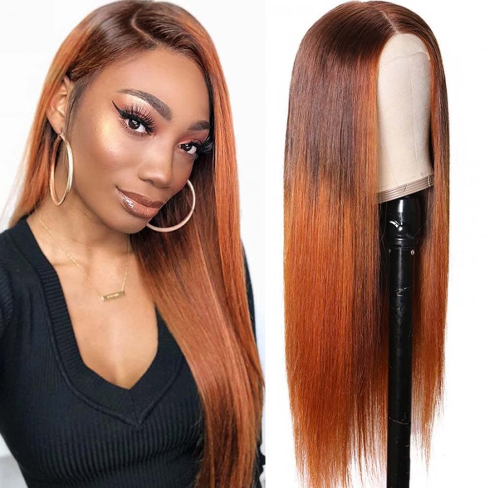Beauty Forever LT4/30 Ombre Colored Silk Base Fake Scalp Wigs Human Hair Straight Closure Wigs for Women ,Brazilian Remy Hair Wig 150% Density 100% Virgin Human Hair Wig Middle Part 16 Inch