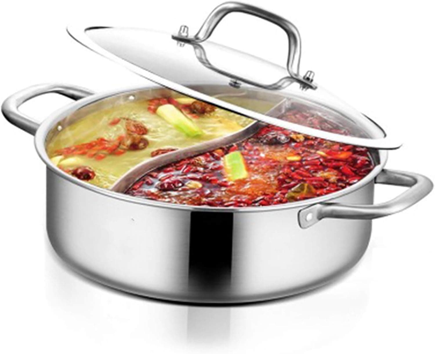 NOPTEG 304 Food Grade Stainless Steel Shabu Hot Pot with Divider&Lid for Induction Cooktop Gas Stove Dual Sided Soup Cookware with 2 Soup Ladles (11inch)