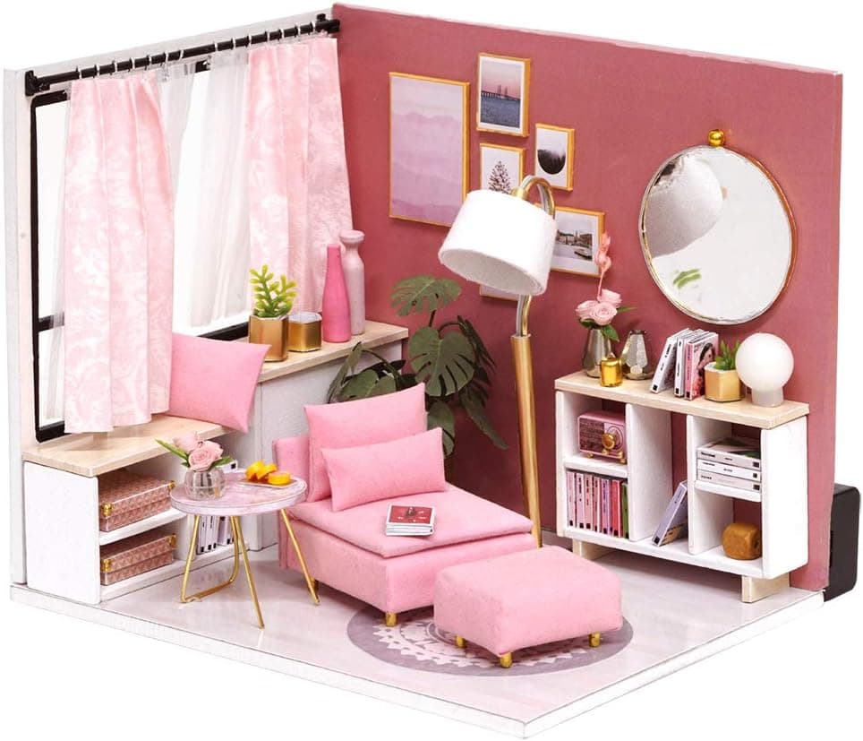 SPILAY DIY Dollhouse Wooden Miniature Furniture Kit,Handmade Mini House Craft Making Kit Plus Dust Cover&Music Box,1:24 Scale Loft Creative Gift Idea Toys Birthday Gift for Kids Adults (Happy Time)