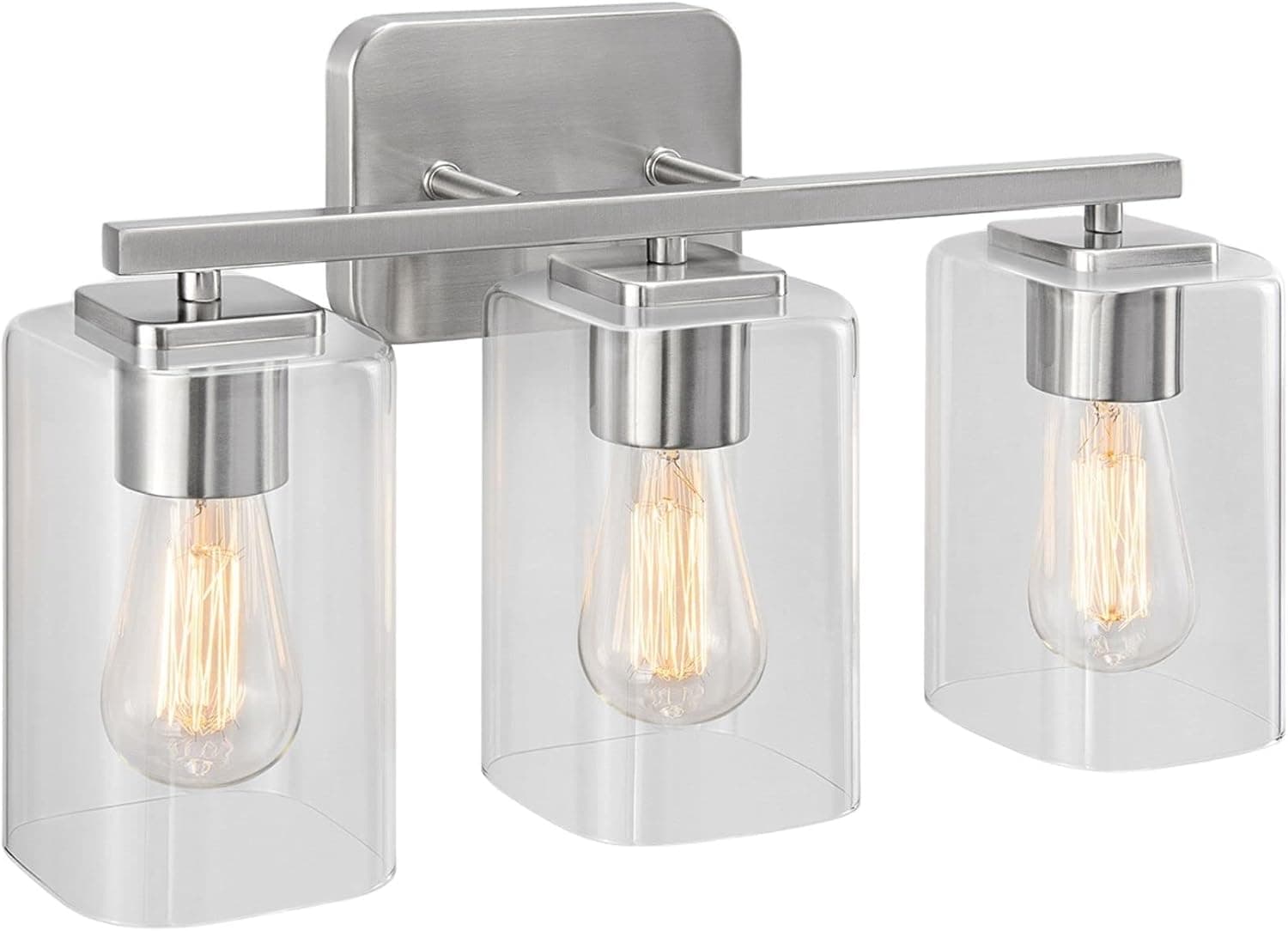 Kyrid 3 Light Modern Bathroom Vanity Light with Square Glass Shade Dimmable Light Fixtures Over Mirror Bathroom Wall Lamp (Plated Brushed Nickel Finish)