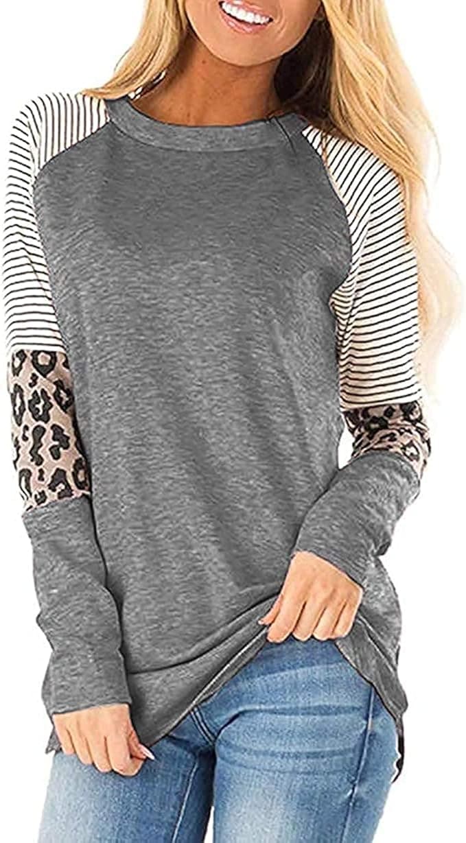 Leopard Print Tops for Women Long Sleeve Crew Neck Patchwork T Shirt Blouse
