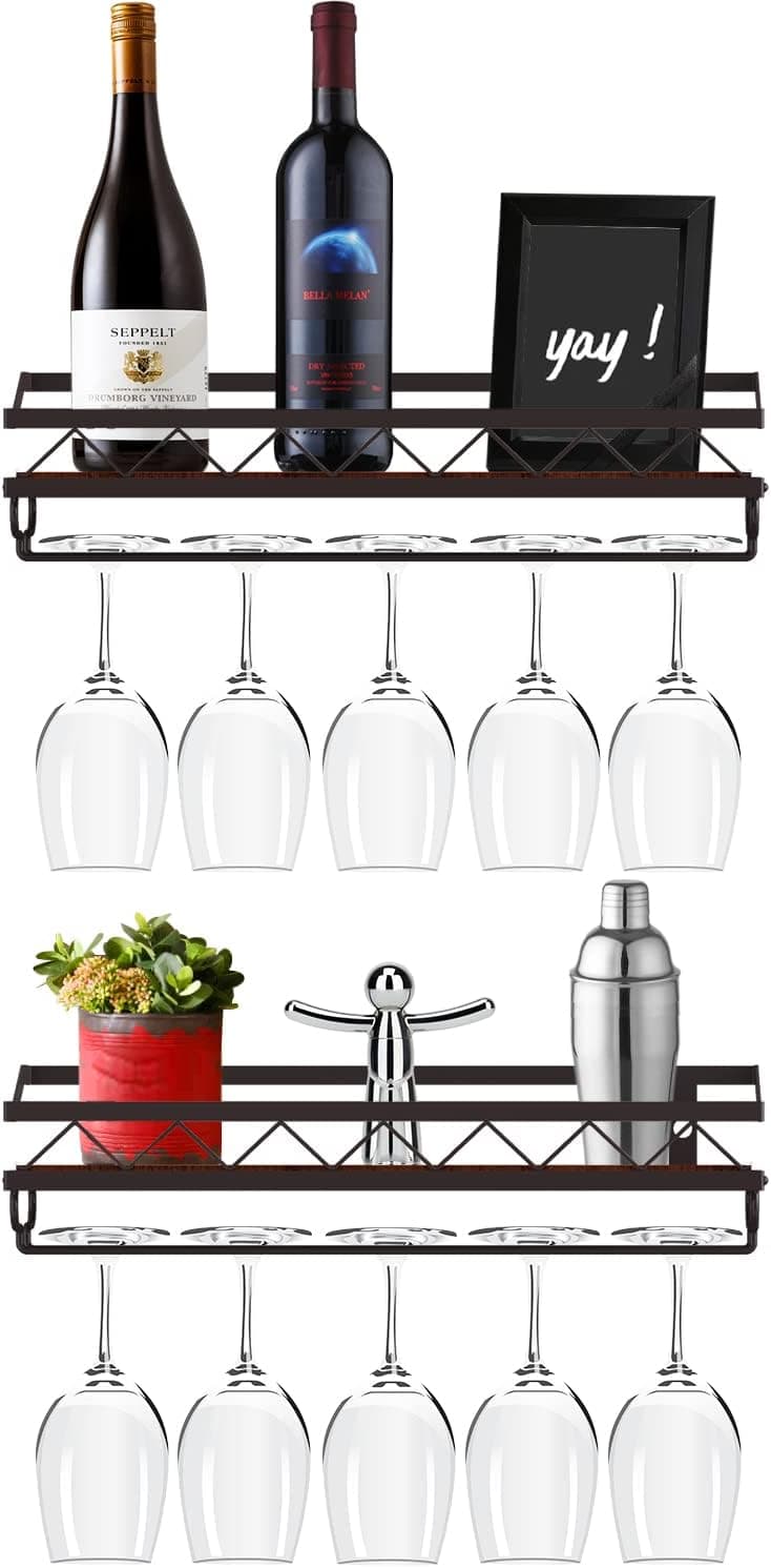 Wine Rack Wall Mounted, Bextcok 2-Pack Wine Glass Rack Wall Mounted Floating Wine Shelf with Glass Holder Champagne Display Storage Rack Wood Rustic for Kitchen Dining Room Bar Decoration, Bronze