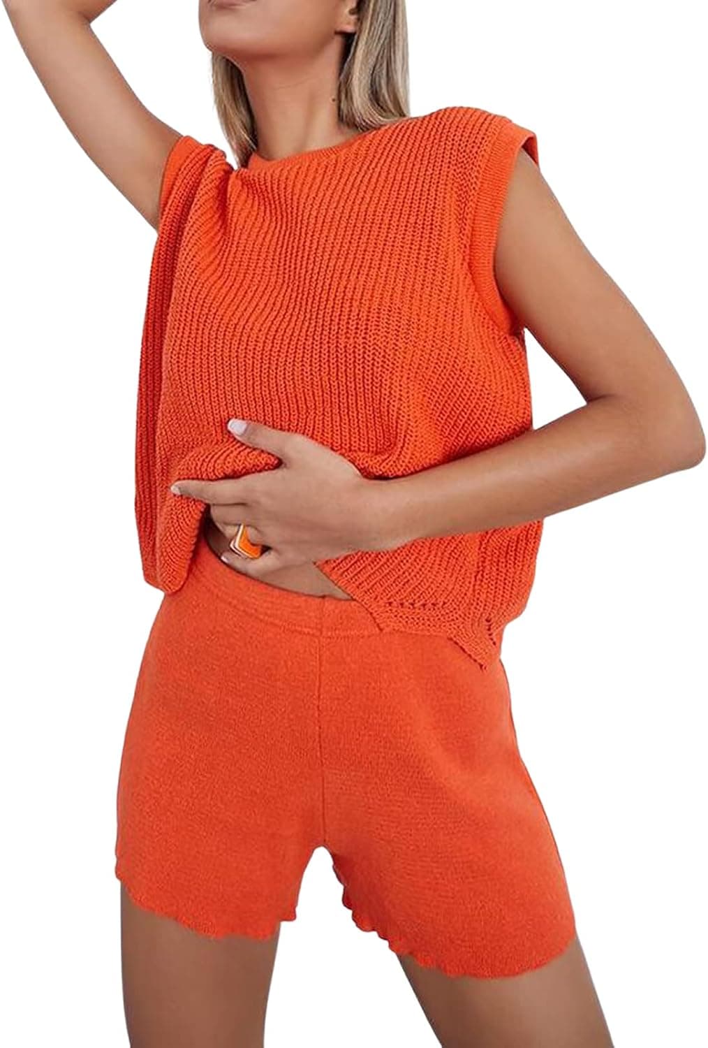 Women Sleeveless Knitted Two Pieces Outfit, Bodycon Halter Printed Crop Tank Tops + Elastic Shorts Pants Sets