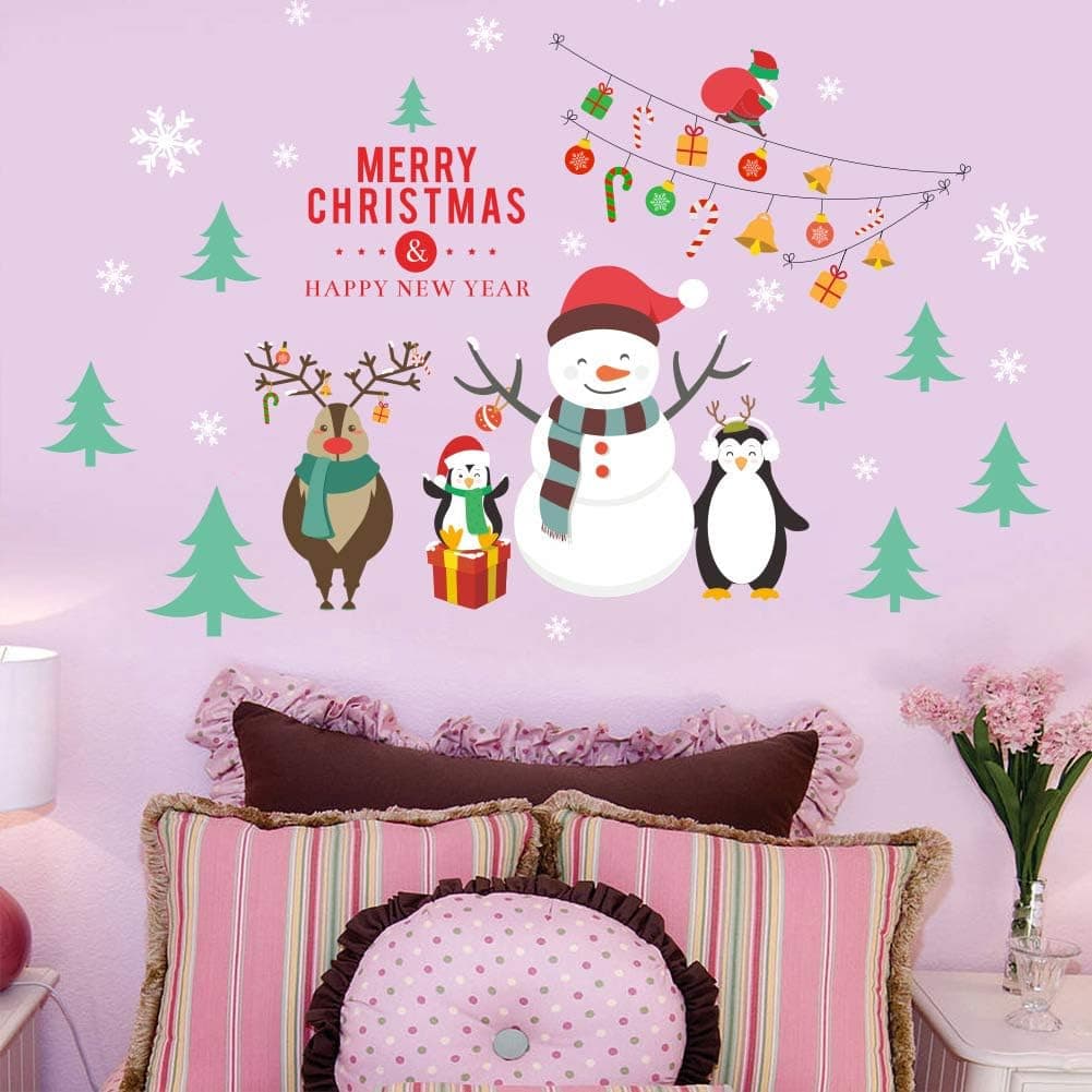Molancia Christmas Window Clings Stickers, Xmas Wall Decals,Snowflake Reindeer Snowman Christmas Tree Xmas Decor Wall Decals,Removable Murals for Home Kid's Living Room Bedroom Shop Window Decorations