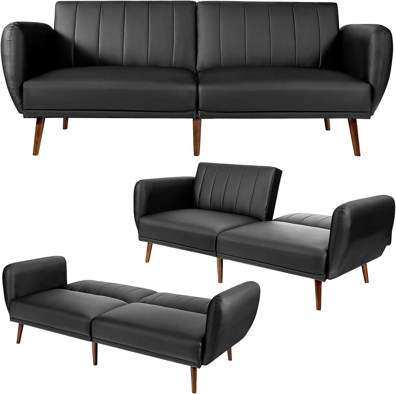 Giantex 3 Seat Sofa Bed, Convertible Futon Sofa, High-Density Sponge, Adjustable Backrest, Rubber Wood Legs, Foldable Couch Sleeper with Armrest for Living Room Bedroom Lounge Office (Black)