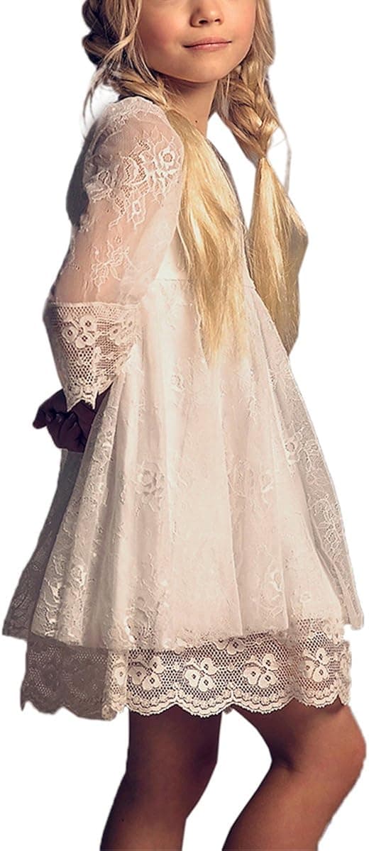 Vintage Flower Girls Lace Dresses with Sleeves Kids Party Gowns Prom Dress