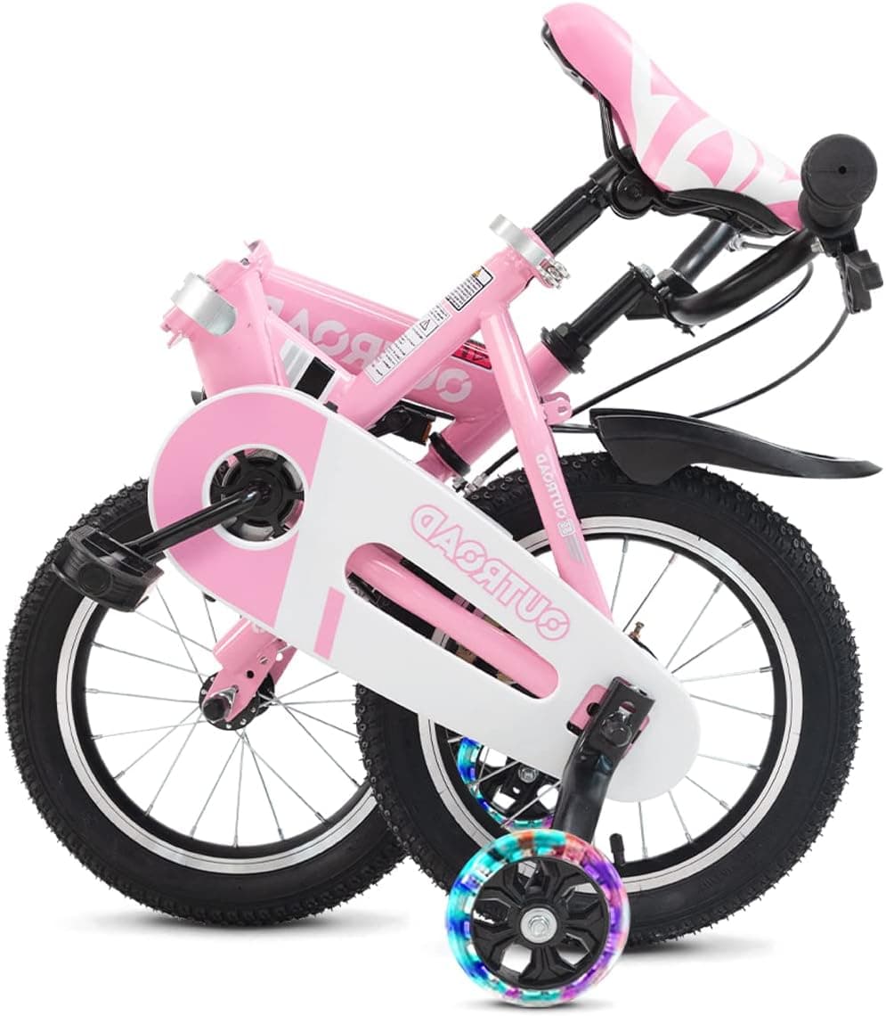 PanAme 14 16 Inch Folding Kids Bike with Flashing and Removable Training Wheels for Boys Girls Beginners Aged 3-7 yrs, Freestyle Children and Toddler Bicycle, Blue/Pink