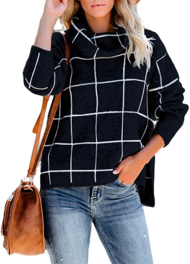 HAOAN Women Casual Pullover Sweater Plaid Turtleneck Side Split Loose Knit Jumper Tops