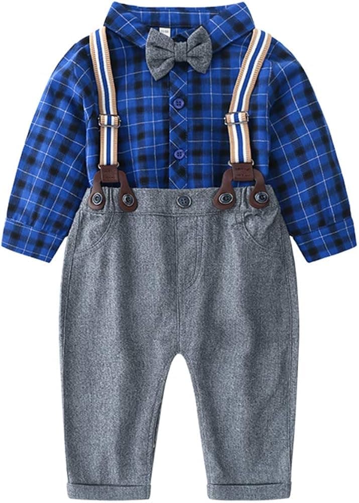 Baby Boy Clothing Sets with Bowtie,Infant Blue Plaid + Gray Bibs Pants + Suspender Gentleman Outfits Suits