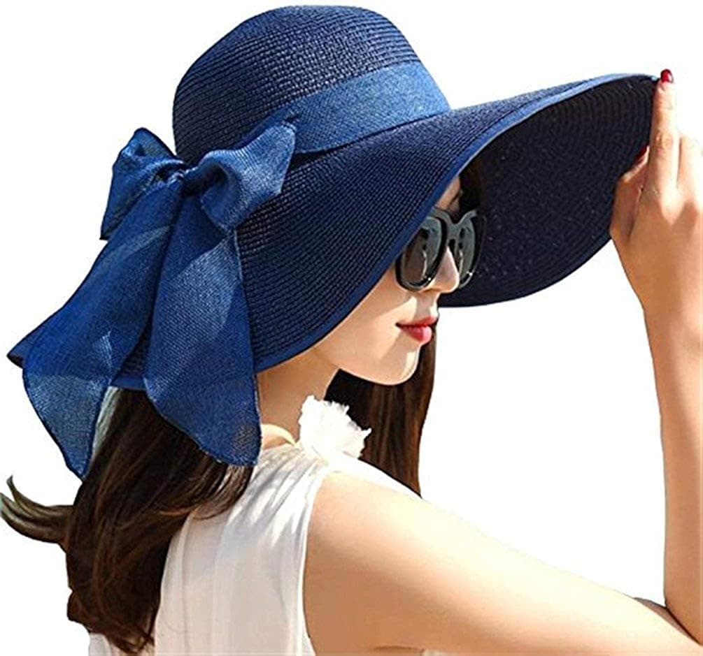 Womens Big Bowknot Straw Hat Foldable Roll up Sun Hat Beach Cap UPF 50+ Protection Sun Hats 041