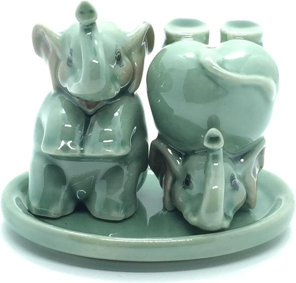 Cute Small Ceramic Green Elephants Salt and Pepper Shakers