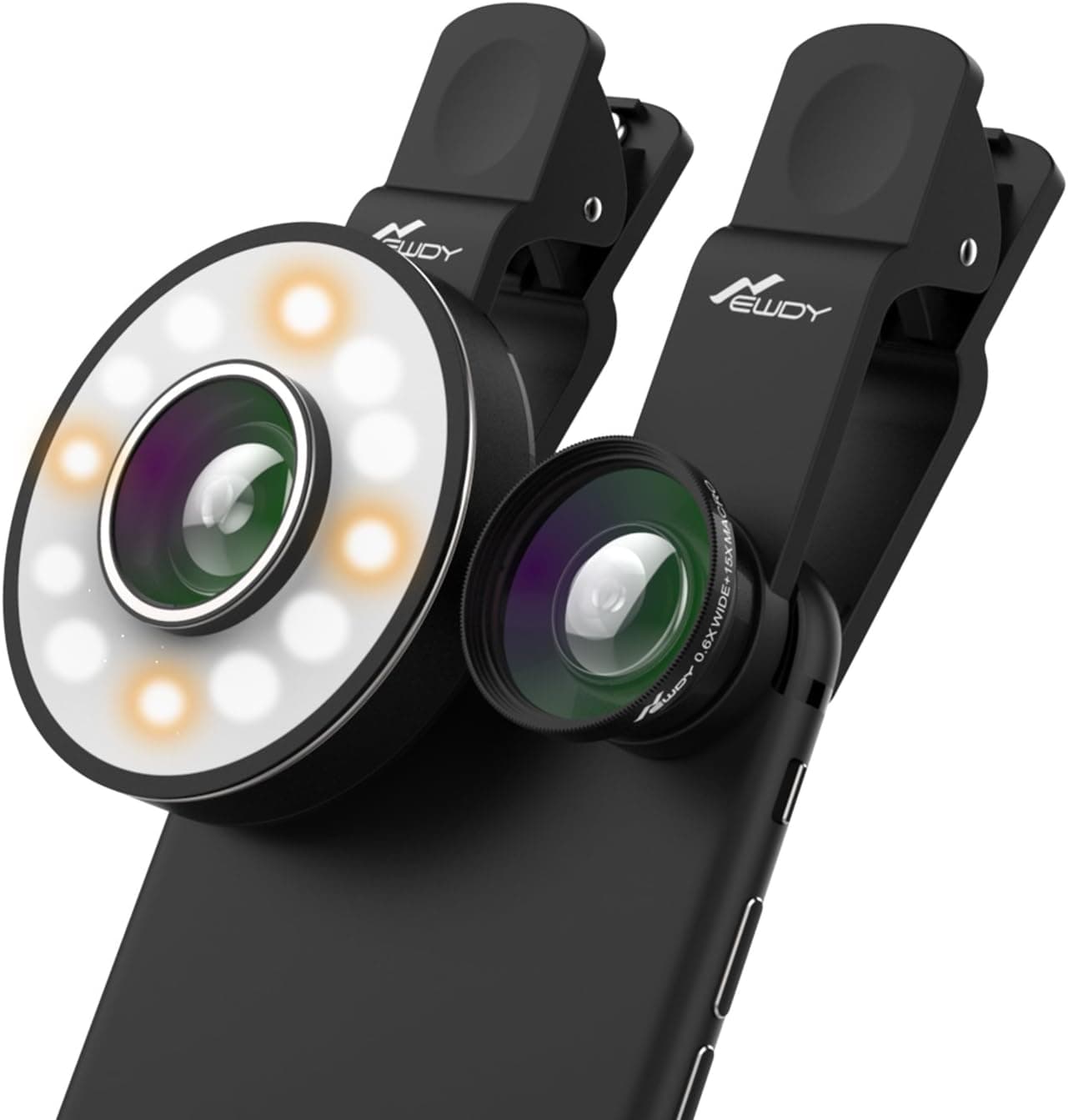 Cell Phone Camera Lens with LED Flashlight, Newdy 3 in 1 Clip-On 198° Fisheye Lens, 0.6X Wide Angle + 15X Macro Camera Phone Lens Kit for iPhone 7/6s/6/Samsung S7 and iOS &Android Smartphones-Black