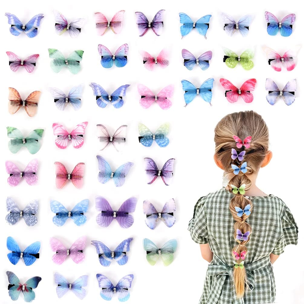 Organza Butterfly Clips for Girls, 40 Pcs 3D Butterfly Hair Clips Medium Size, Fabric Butterfly Hair Clips for Women Wedding Party DIY Hair Accessories (Colorful)