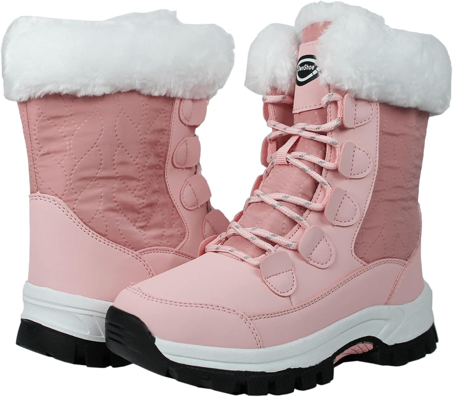 Own Shoe Womens Winter Waterproof Warm Mid Calf Slip Resistant Rubber Grip Outsole Full Lined Shoes Faux Fur Lace-up Closure Comfortable Snow Booties