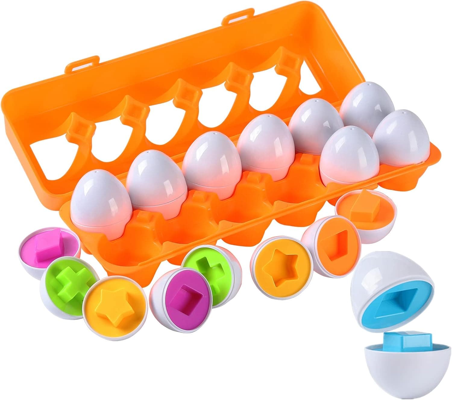 KlugPop 12 PCS Matching Eggs Toy, Color & Shape Recognition Toddler Educational Toys, Easter Eggs Sorter Puzzle Learning Montessori Toys for Toddler Kids Child Gift 18 Month+