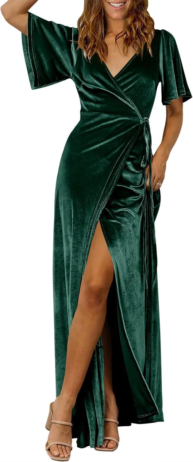 ANRABESS Women's V Neck Wrap Velvet Maxi Dress Bell Sleeve Split Bridesmaid Cocktail Party Dresses