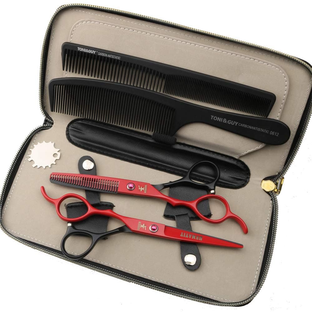 HEMATITE Left hand hairdressing scissors set 5.5 inch and 6 inch hairdressing tools Japan 440C steel barber scissors (Red 6 inch set)