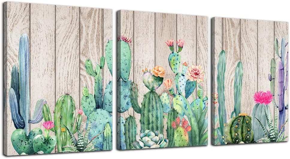 Wall Art for bedroom Canvas Prints Artwork bathroom Wall Decor Green plants Succulent cactus flower Wood grain watercolor painting 12" x 16" 3 Pieces modern Framed Office Home Decorations living room