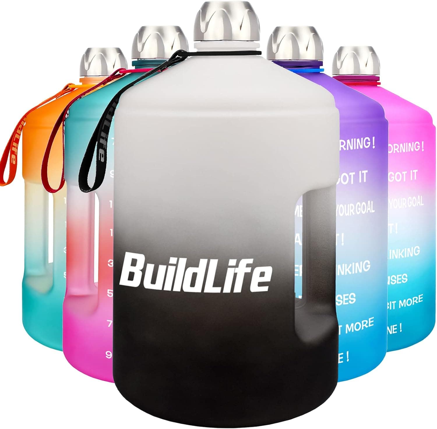 BuildLife 1 Gallon Water Bottle -Motivational Fitness Workout with Time Marker/Drink More Daily/Clear BPA-Free/Large 128OZ /73OZ Capacity