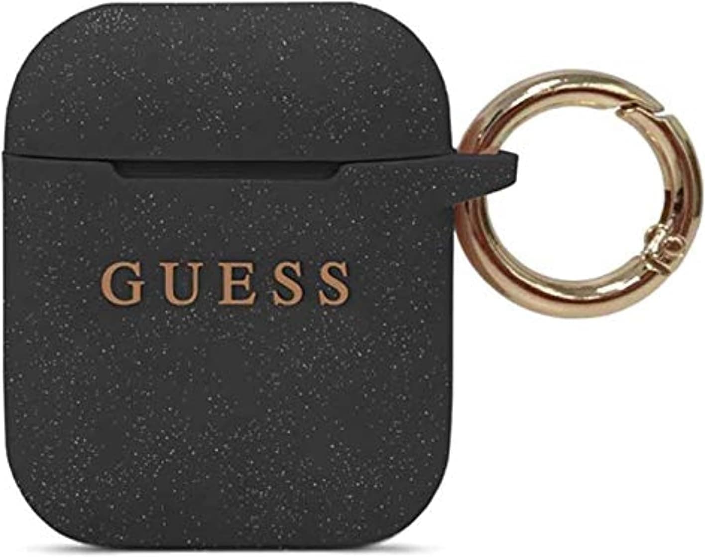 Guess AirPods Case Cover in Black Glitter with Keychain Slot, Compatible with Apple AirPods 1 and AirPods 2, Silicone Protective Hard Case, Shockproof, Wireless Charging, and Signature Printed Logo