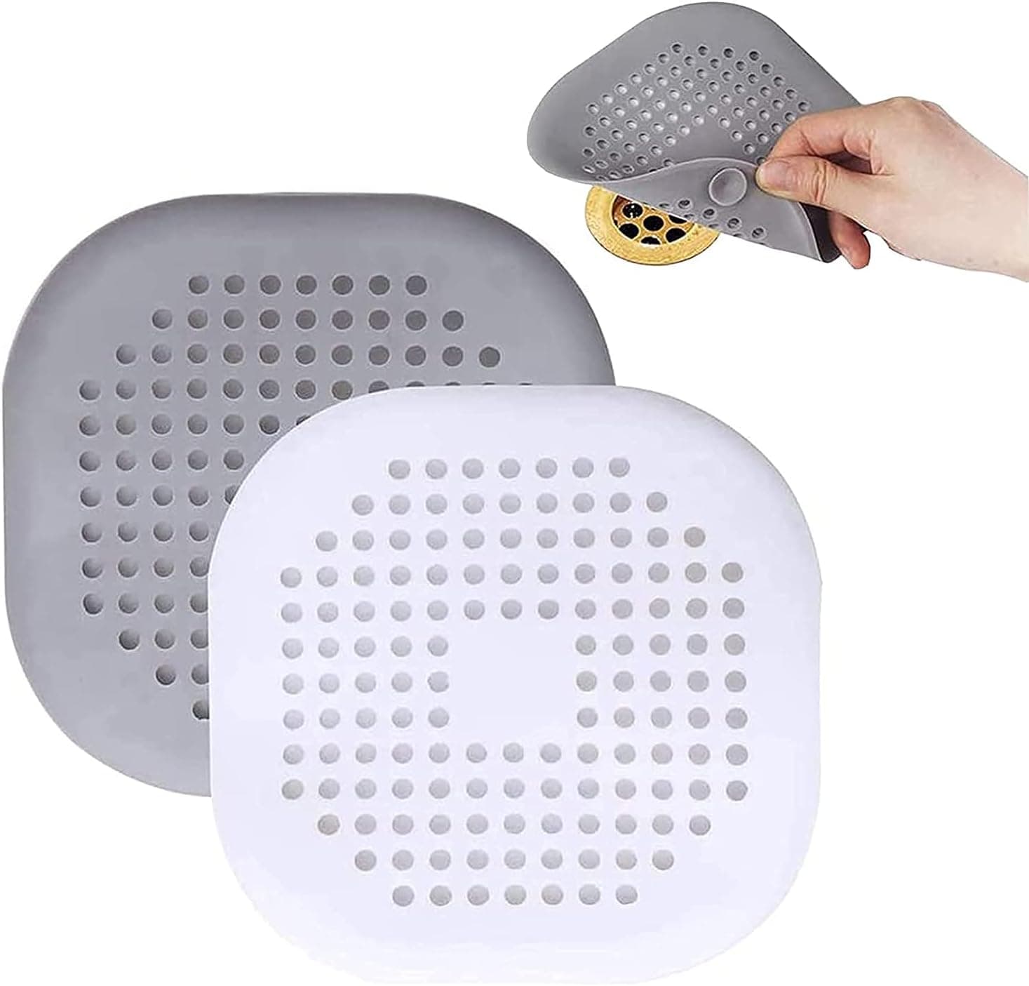 YHHER Hair Catchers for Drain,Square Shower Drain Cover,Silicone Catcher with Suction Cups,Easy to Install Suit Bathroom Bathtub Kitchen 2 Pack(Gray+White), Grey+white,