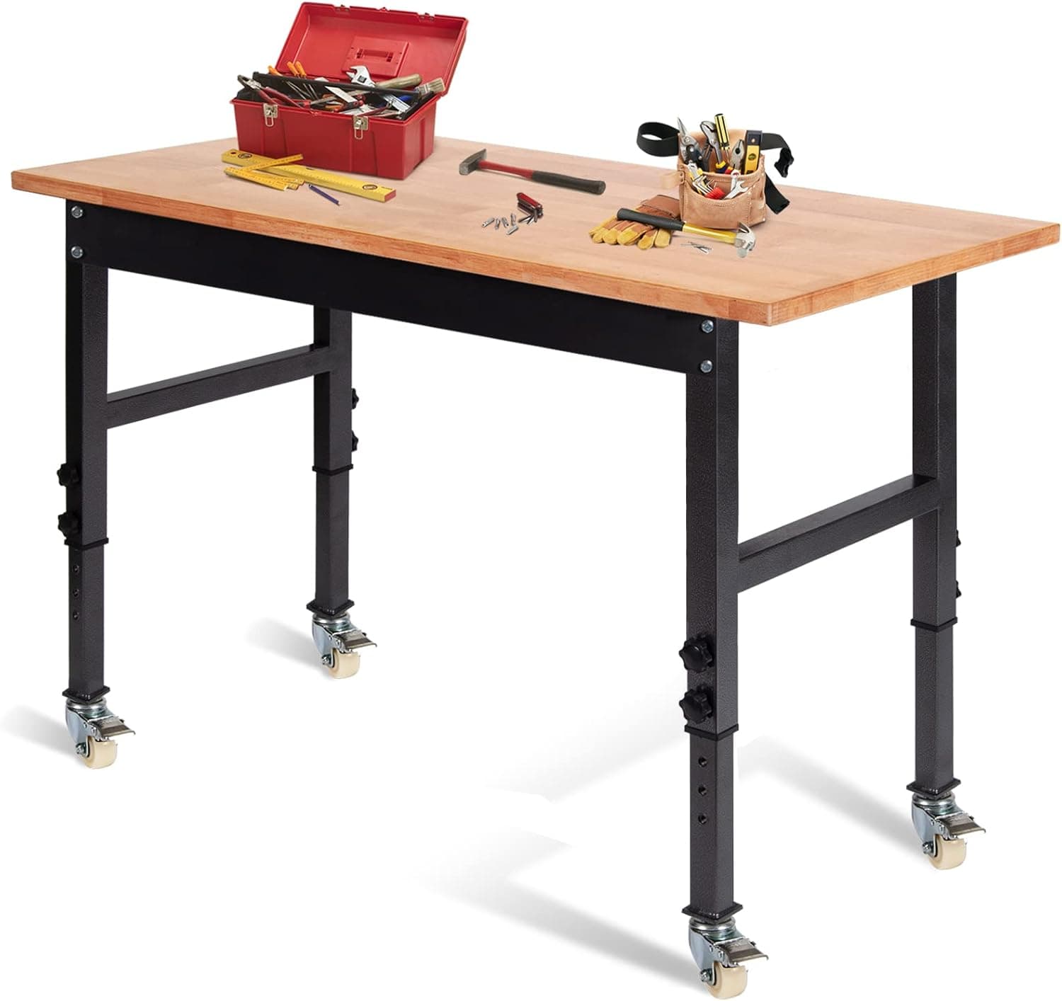 48" Adjustable Work Bench, Rubber Wood Top Heavy-Duty Workbench with Wheels, 2000 LBS Load Capacity Hardwood Worktable, for Garage, Workshop, Home, Office, Easy Assembly