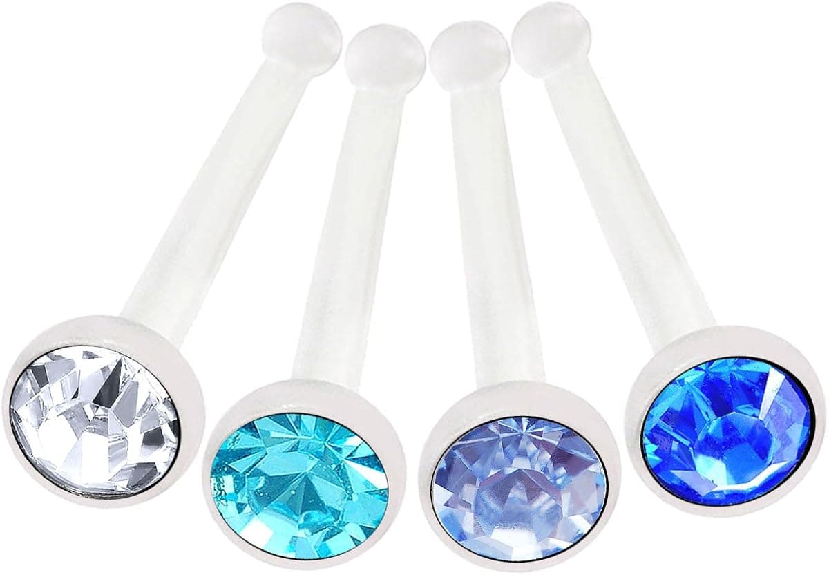 bodyjewellery 4pcs 20g 0.8mm Nose Rings Studs Flexible Acrylic Nostril Screw Rings Piercing 2.5mm Crystal Boat Pick Color