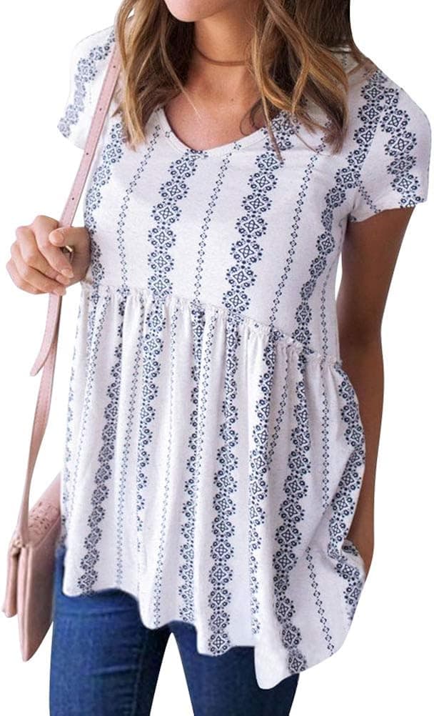 WLLW Women Bohemian Short Sleeve V Neck Floral Print Peplum Shirt Top Blouse Tee