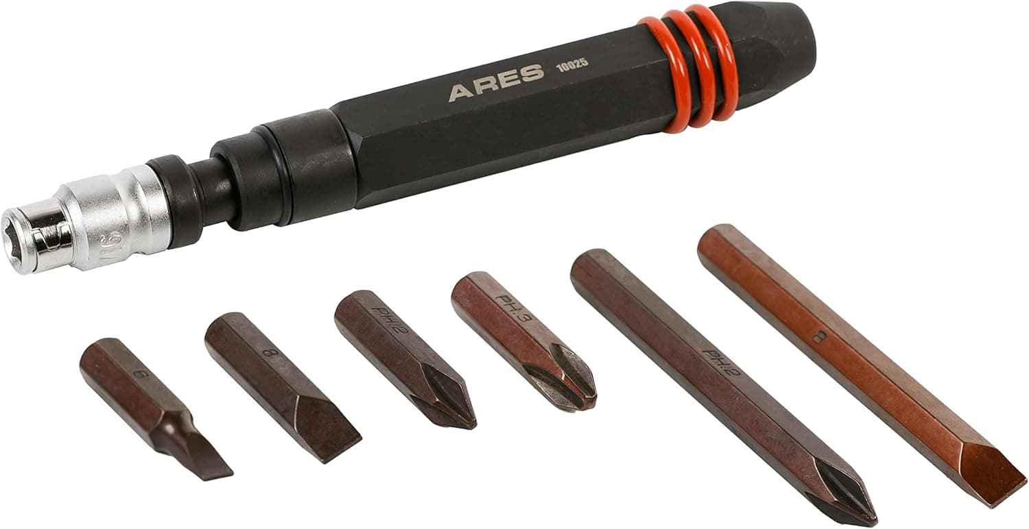 ARES 10025-3/8-Inch Drive Mini Hex Grip Manual Reversible Impact Driver – S2 Bits – Slotted 1/4, & 5/16 Bits - Phillips PH2 & PH3 Bits – 5/16 Slotted and PH2 Phillips Extra Long Bits