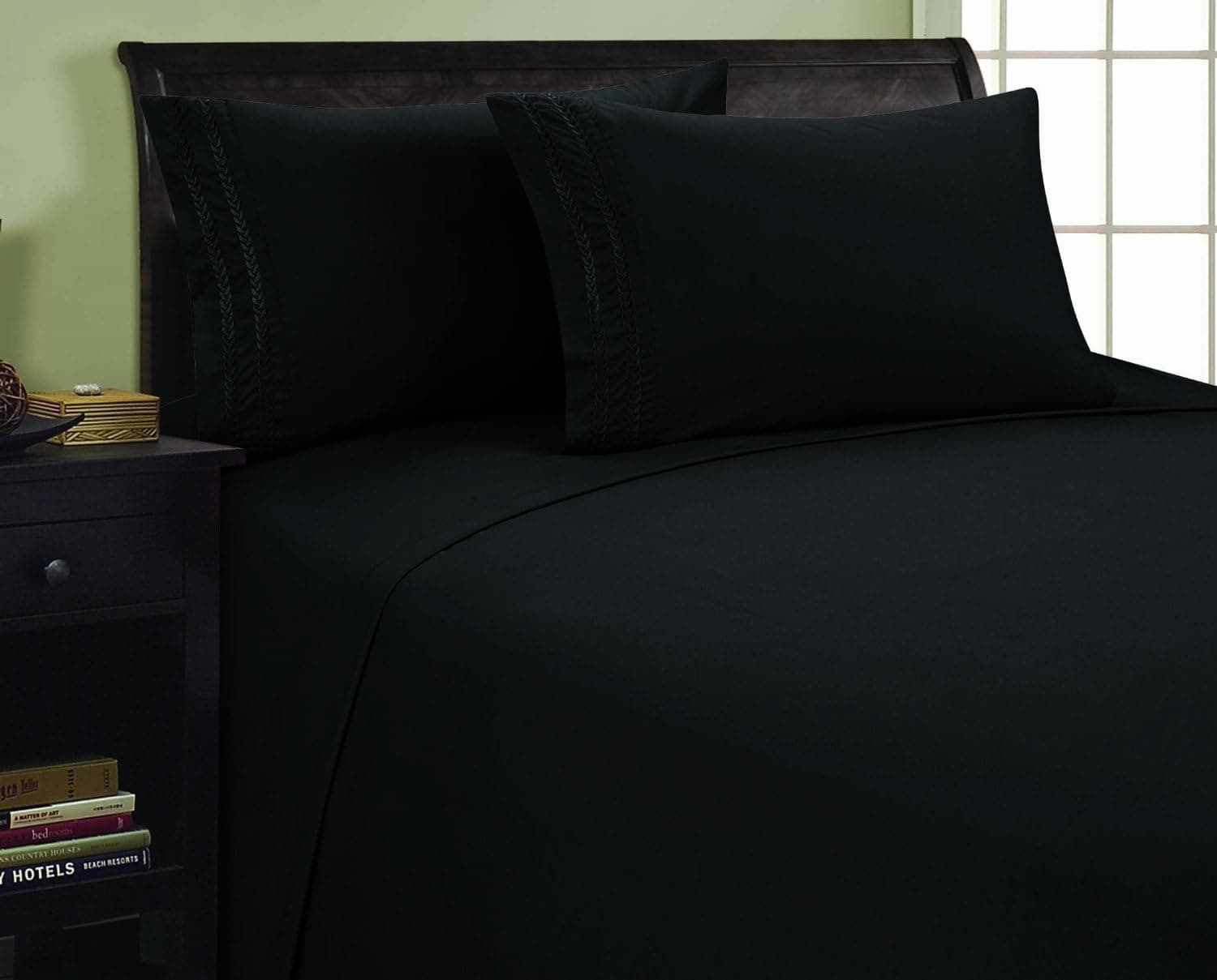 Elegance Linen 1200 Thread Count Chain Design Egyptian Quality Luxurious Silky Soft Wrinkle & Fade Resistant 4-Piece Sheet Set, Deep Pocket Up to 16" - Queen Black