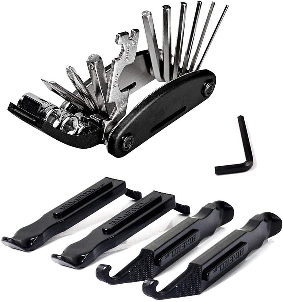 ziyue Bicycle Tool Kit, Spare Necessary Tool for Cycling,Multi-Function, Best Bike Repair Tires & Tubes Tools, 16 in 1 Mechanic Repair Tools Kits with 4 pcs Tire Pry Bars Rods (Black -A)