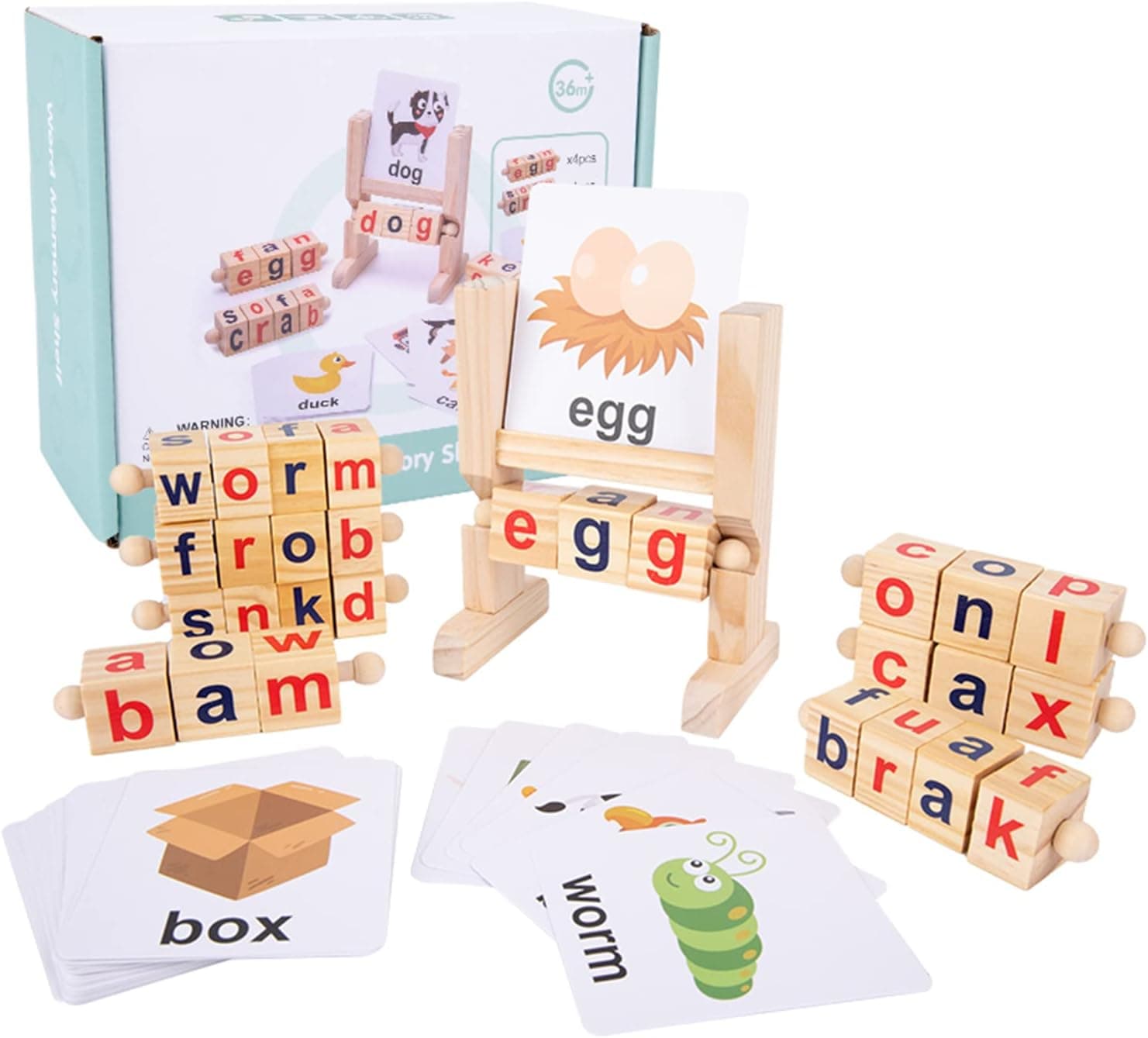 Wooden Reading Blocks and Shelf Set Bonus 32 Flash Cards, Montessori Toys for Toddlers 2 3 4 Year Old, Phonics Matching Game & Alphabet Learning Toys & Birthday Gift for Boy Girl