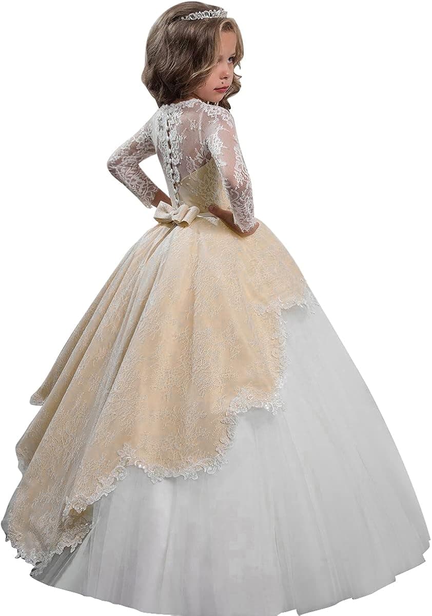 Vintage Flower Girls First Communion Dresses with Lace Sleeves Long Girls Wedding Dress Pageant Ball Gown