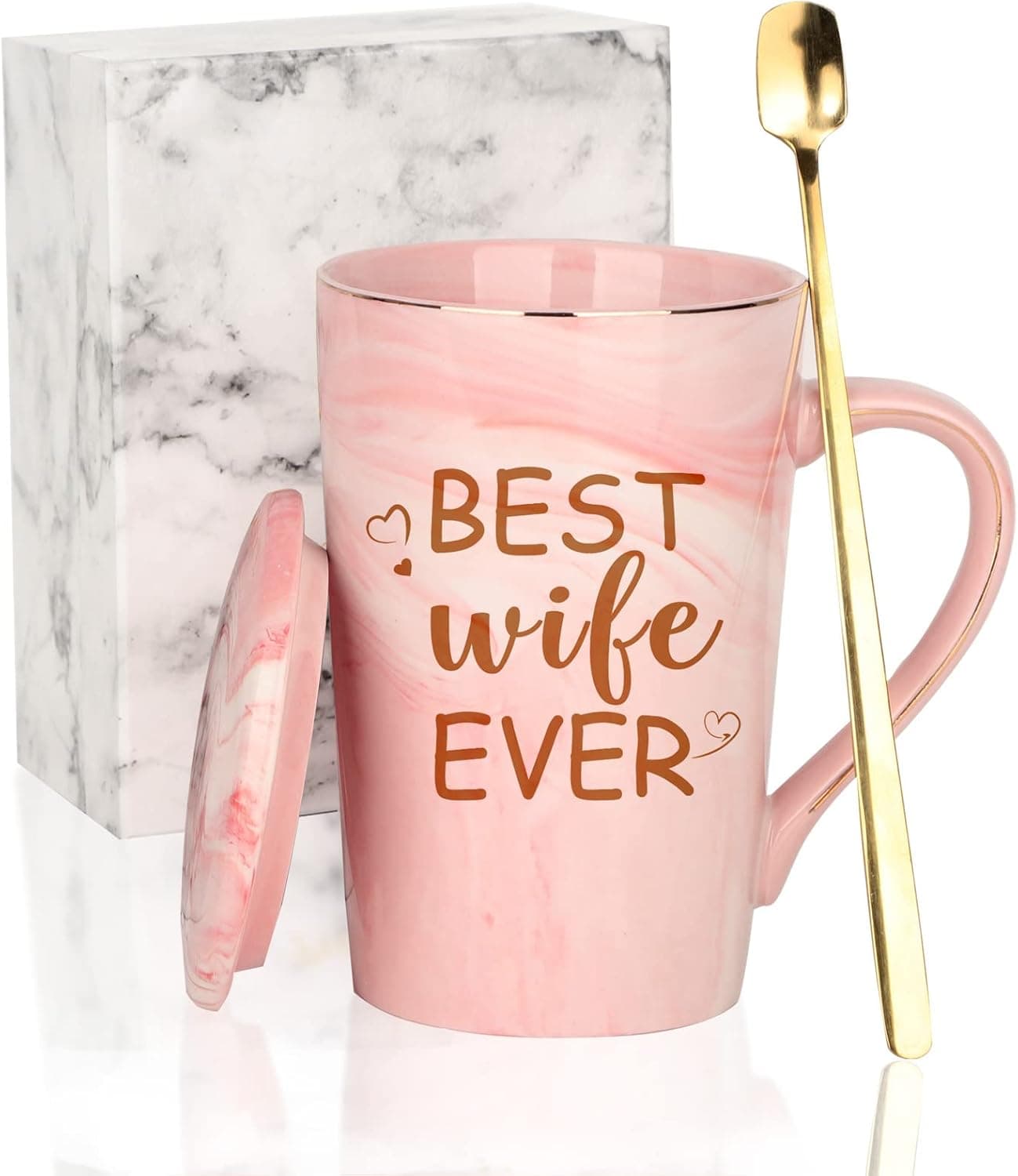 Best Wife Ever Marble Coffee Mug for Wife Wifey, Valentine's Day Gifts Caramic Coffee Mug for Wife Mrs Wifey Her Women, 14 Oz Pink Marble Mug with Spoons