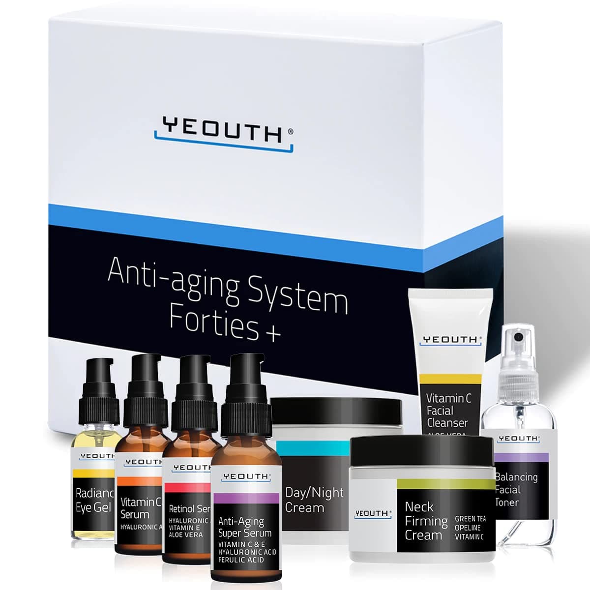 Hyaluronic Acid, Vitamin C, Anti Aging Super Serum, Cleanser, Toner, Eye Gel, Neck & Face Cream, Skin Care Gift Set for Women & Men 8-Piece Kit Complete Skincare Essentials Set by YEOUTH
