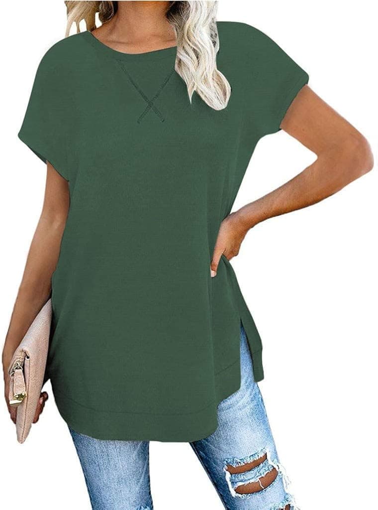 90sMuse Women's Casual Short Sleeve Solid Split Hem T Shirt Comfy Crew Neck Loose Tunic Tops Blouse Shirts for Women
