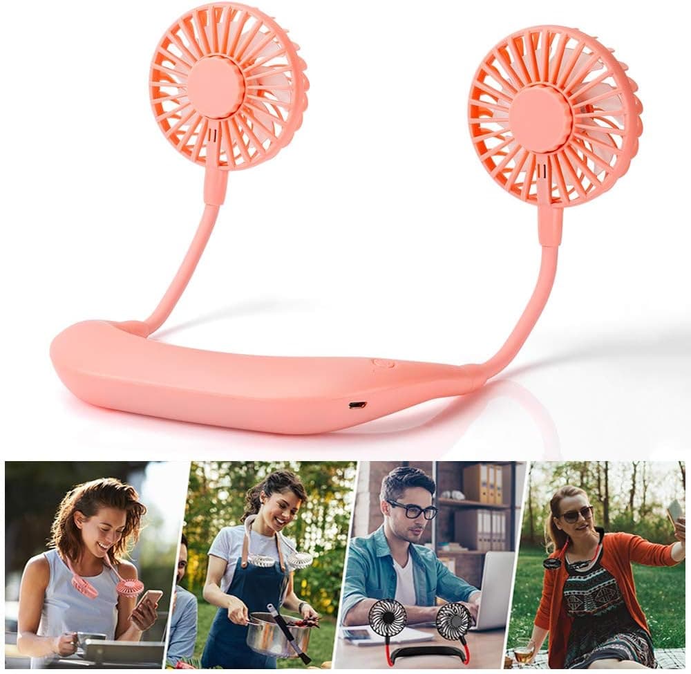 KAMSPARK Portable Fan - USB Rechargeable Neck Fan Hands Free, Wearable Sports Fan, Adjustable 3 Speeds for Personal Cooling, Camping, Outdoor Event, Trips, Office, Church, Hot flashes, Pink