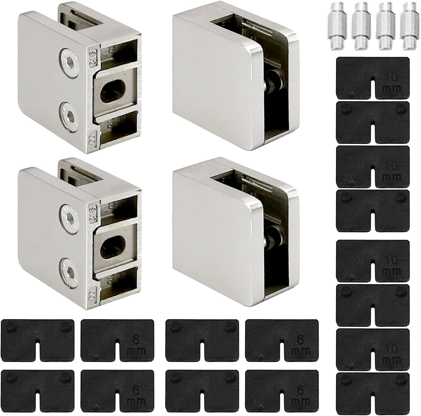 Stainless Steel Square Flat Back Glass Clamp 45 x 45 mm for 1/4" - 3/8" Tempered Glass or Laminated Glass, Satin Finish, 4-Pack (GC-P045FS)