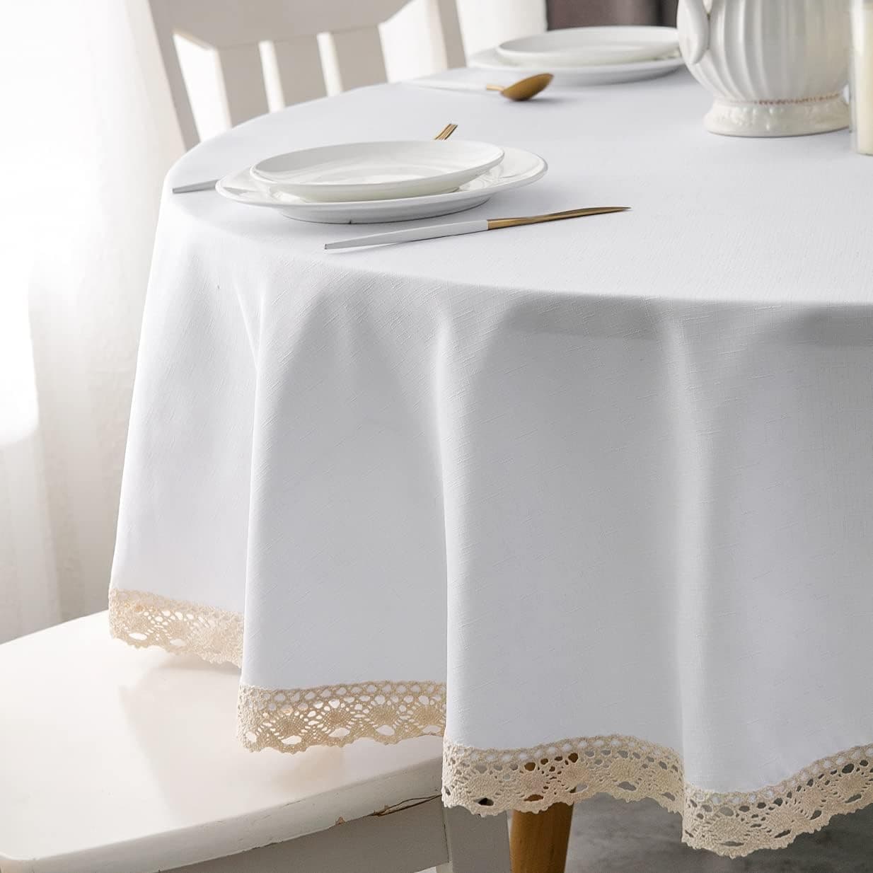 EHouseHome Faux Linen Tablecloth with Lace Trim - Waterproof/Spill Proof/Stain Resistant/Wrinkle Free/Oil Proof - for Banquet, Parties, Dinner,Wedding,Holiday,White Round 60Inch