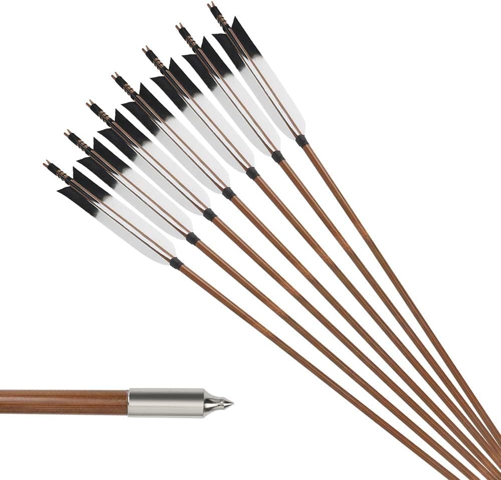 PG1ARCHERY Archery Bamboo Arrows, 12 Pack Practice Targeting Hunting Arrow Handmade Self Nock 6.2" Turkey Feather Fletched for Longbow Traditional & Recurve Bow