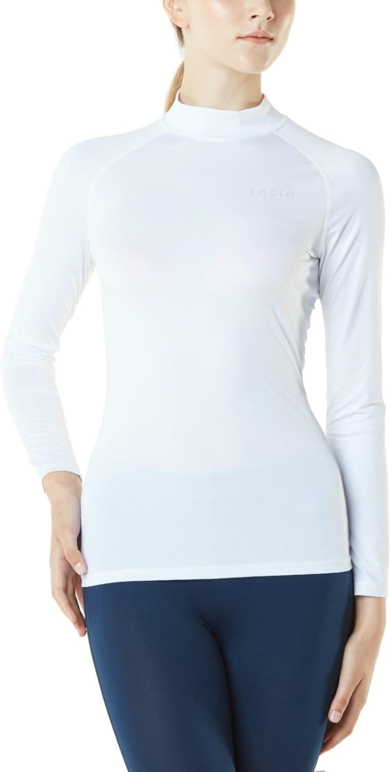 TSLA Women's Compression Long Sleeve T-Shirts Cool Dry Baselayer, Mock Neck(fut02) - White, Small.