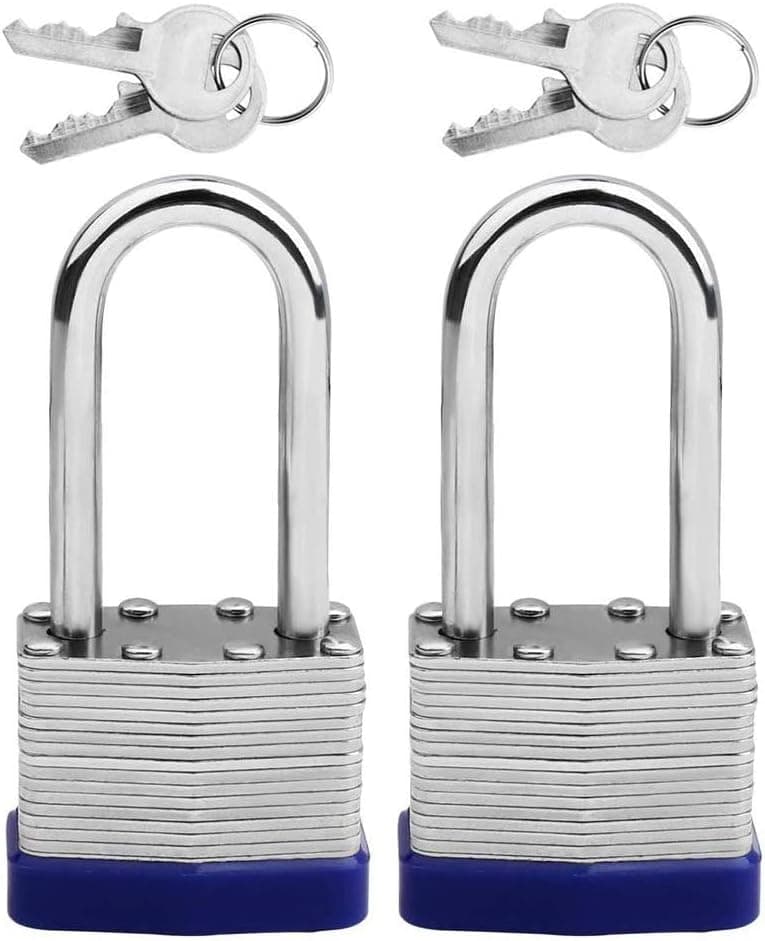 WINIBULA 2 Pack Padlock, Long Shackle Heavy Duty Padlock with Key ,Weatherproof Laminated Padlock for Outdoor Use, Shed, Garage, Fence