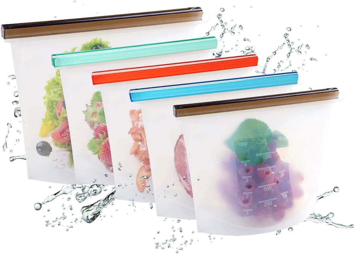 Reusable Silicone Bags, Eco Friendly Reusable Sandwich Bags, Silicone Snack Storage Bags Safe for Microwave, Freezer & Cooking(5Pack)
