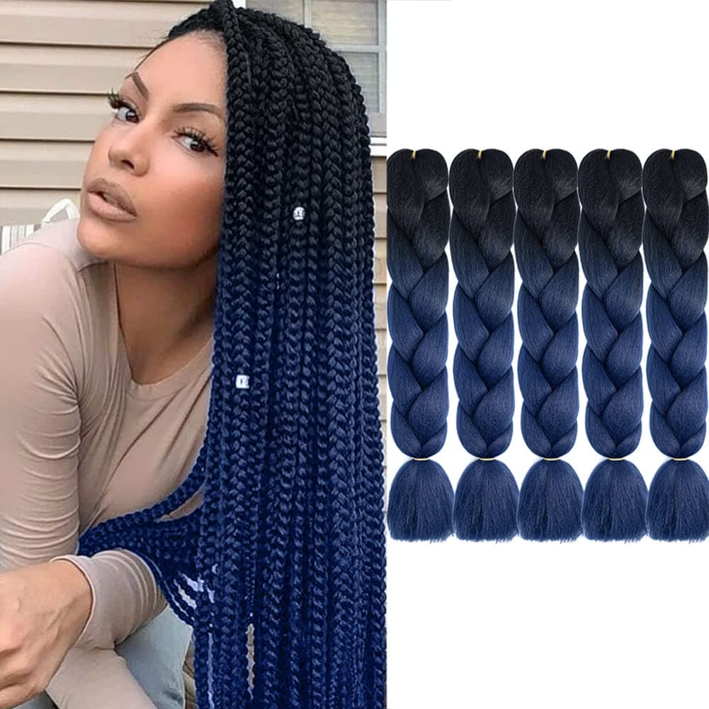 AFNOTE Ombre Dark Blue Braiding Hair Extensions 24 Inch 5 Packs Synthetic Jumbo Braiding Hair High Temperature Twist Crochet Braids Hair for Women (Black/Ink Blue)