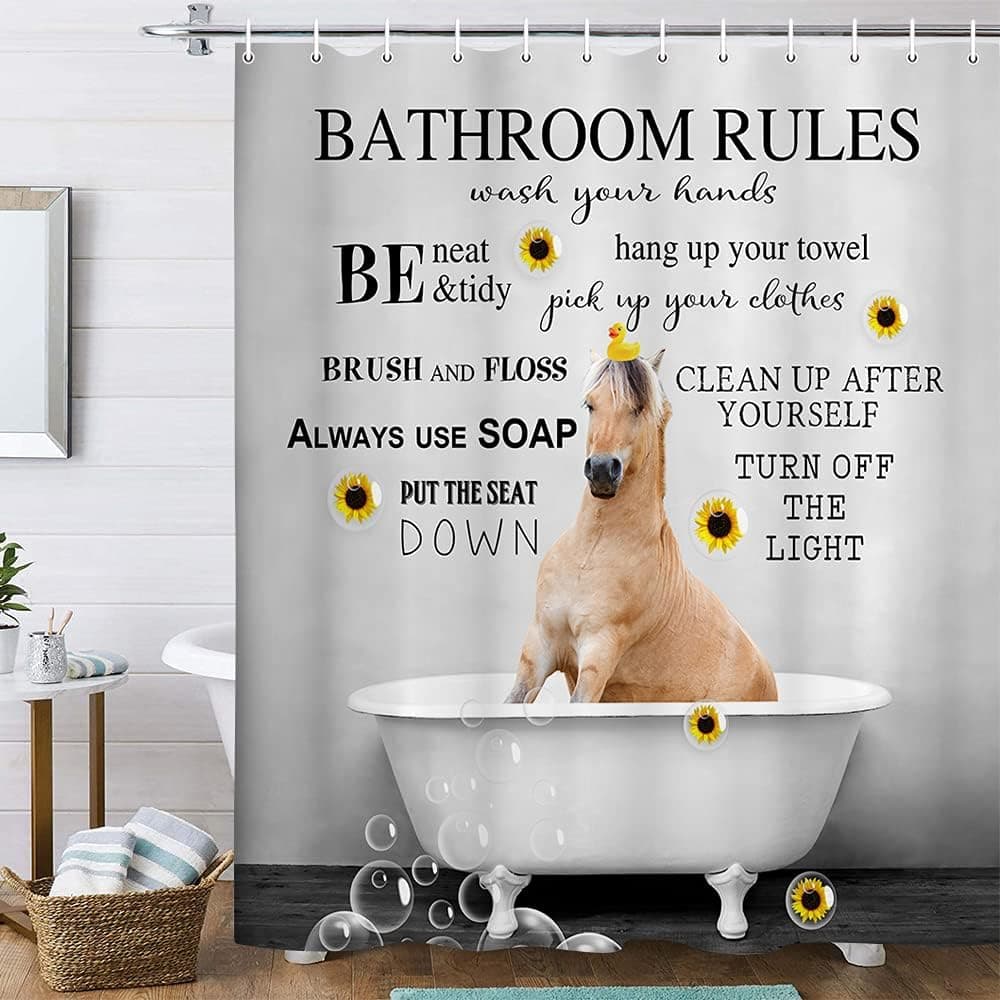 Donkey Shower Curtain for Bathroom Funny Bathroom Rules Bath Curtain Kids Decor, Farm Donkey Sunflower Bubble in Bathtub Art Shower Curtain Set, Rustic Farmhouse Gray Grey Bathroom Accessories, 70IN
