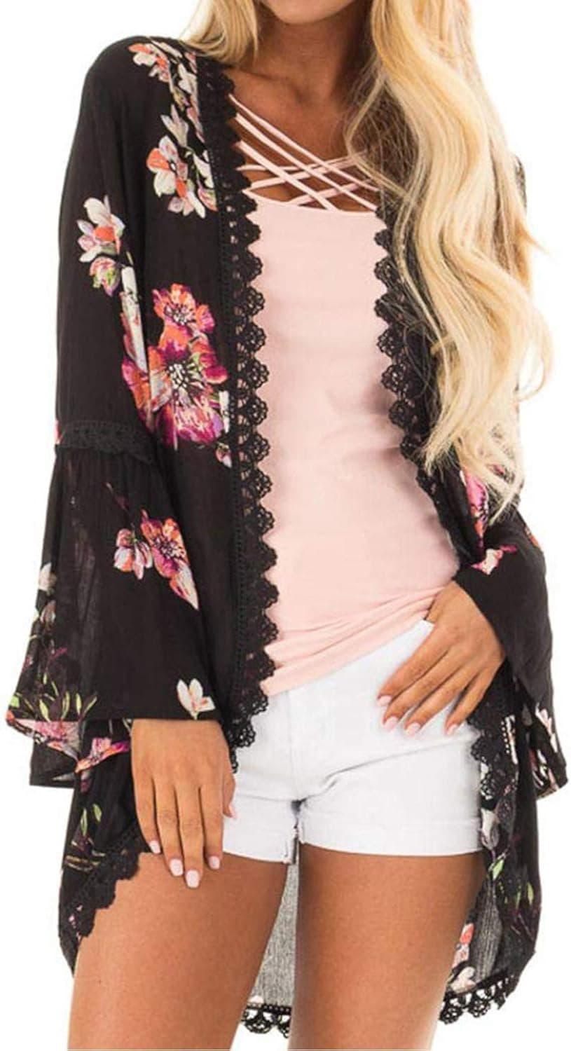 Womens Floral Print Bell Sleeve Cover Up Lace Trim Chiffon Long Kimono Cardigan Loose Blouse Black Small